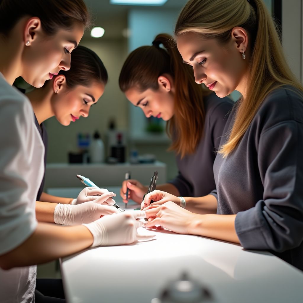 Team of nail technicians collaborating on designs